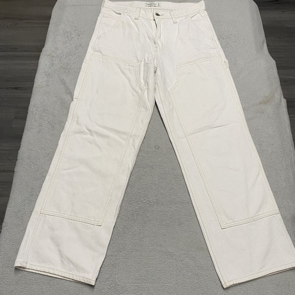 Abercrombie & Fitch Slouchy Jeans Womens 4 Ivory Cream Double Knee Carpenter - Picture 1 of 10